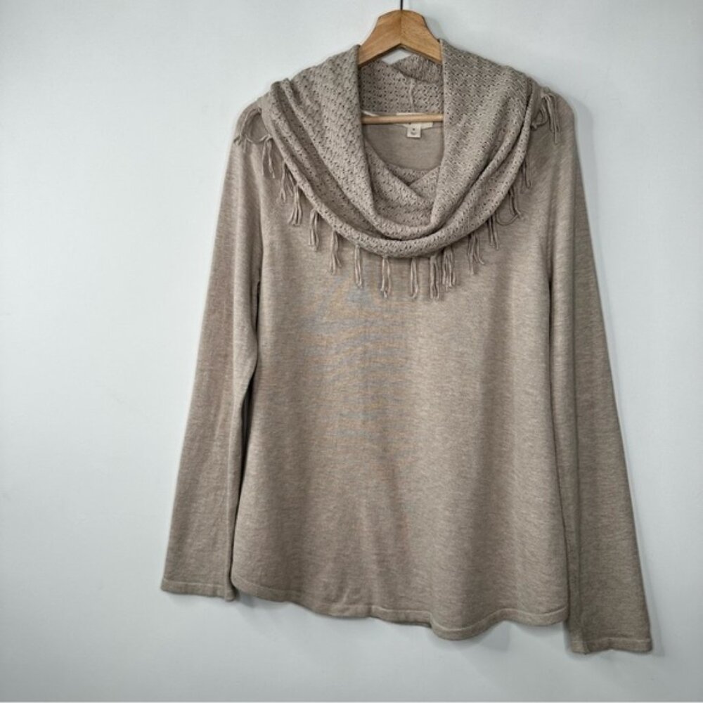 Style & Co Womens Size Medium Pullover Cowl Neck Fringe Knit Sweater Beige